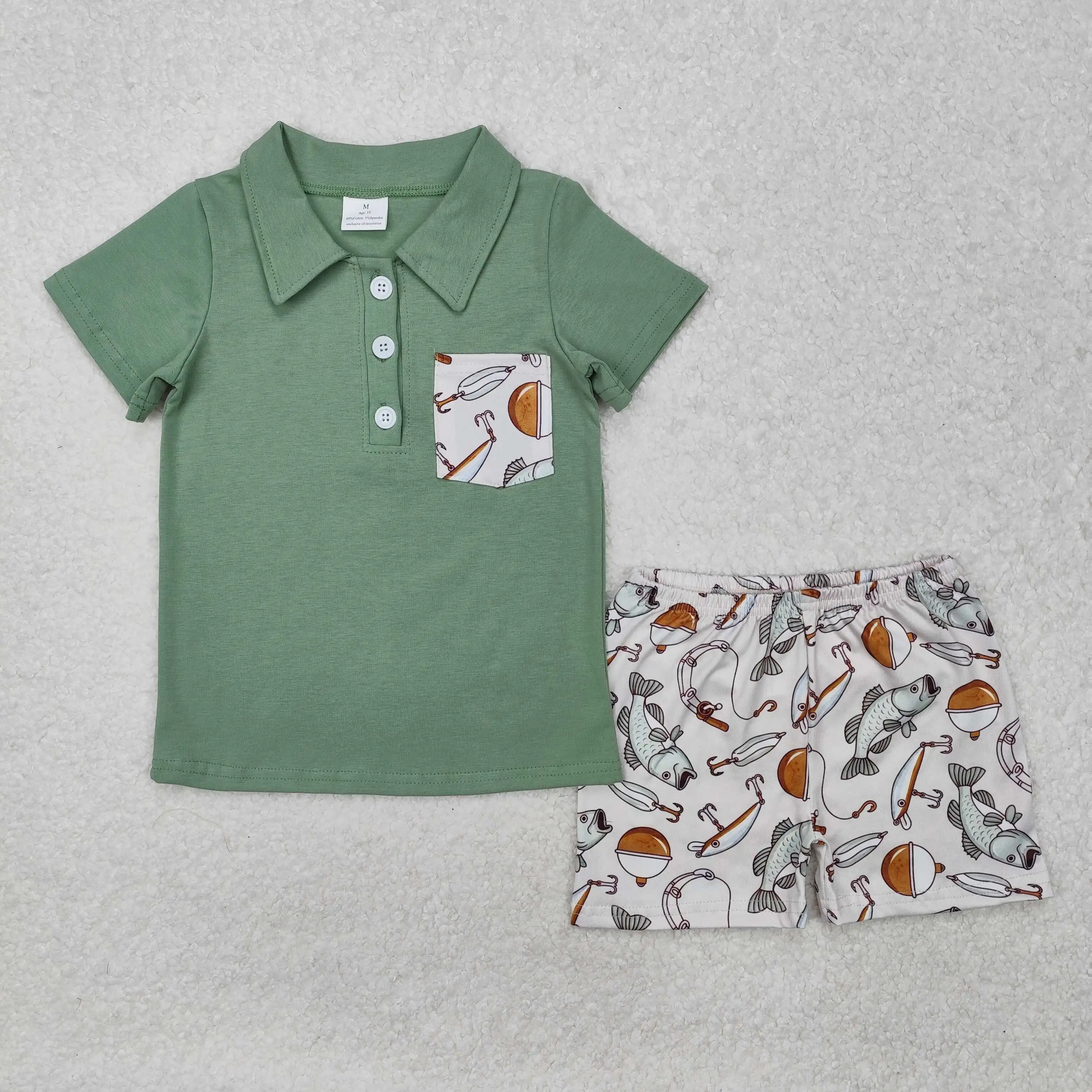 

New rts baby boys summer suit wholesale boutique fishing pattern pocket green short sleeve shorts boys set