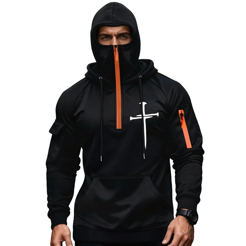 

Мужская уличная модная толстовка с несколькими карманами и перекрестным принтом, полумолния с двойным капюшоном, осенне-зимняя спортивная повседневная рубашка-пуловер