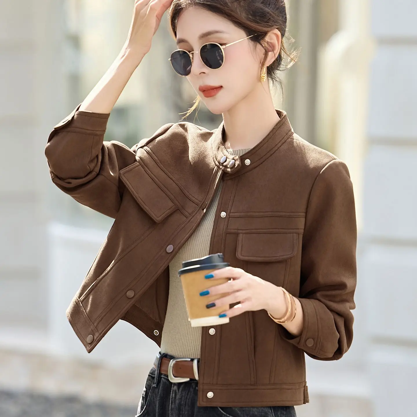 Suede Jacket Fashion Short 2026 New Version Small Stand-Up Collar Slim Design Jacket Top Camel coffee color Outwear