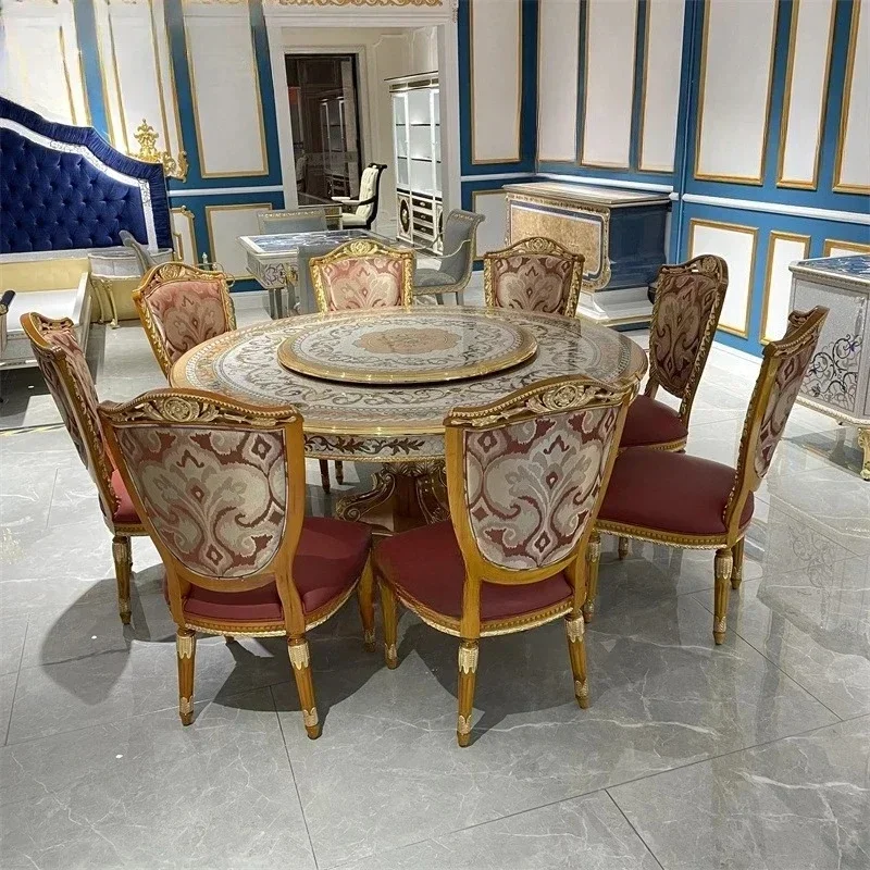 Peach Blossom Core Wood Carving Dining Table with Shell Inlay and Turntable for Villa