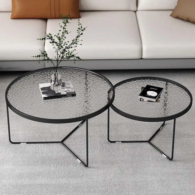 Nordic cream wind Changhong water grain tempered glass coffee table modern small living room home round table