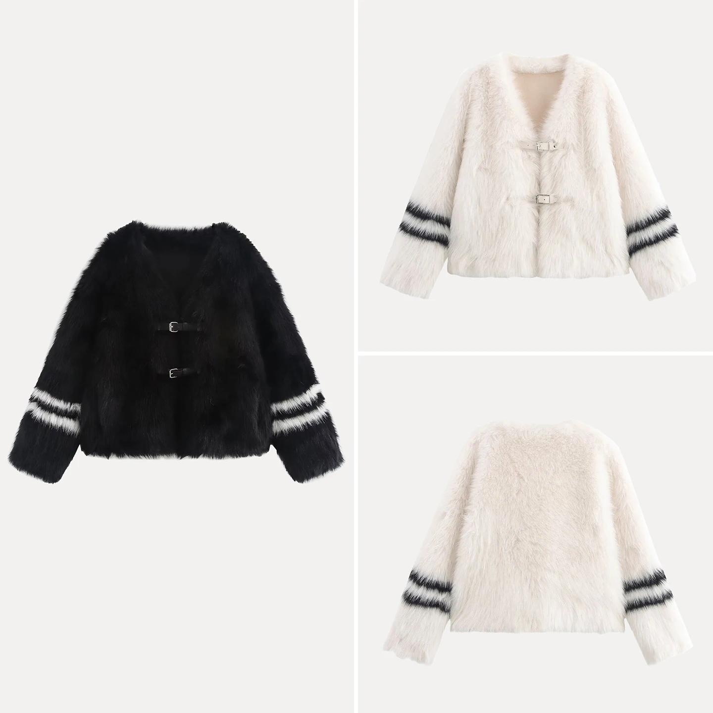 เสื้อโค้ทผู้หญิงลายทาง แขนยาว คอวี แฟชั่น ฤดูใบไม้ร่วง 2025 รุ่นพรีเมียม แต่งขนที่ปลายแขน