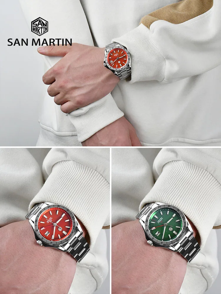 San Martin 39mm Red Agate Green Jade Stone Rare Mineral Gemstone Luxury Men Watch NH34 GMT Automatic Mechanical Sapphire SN0129