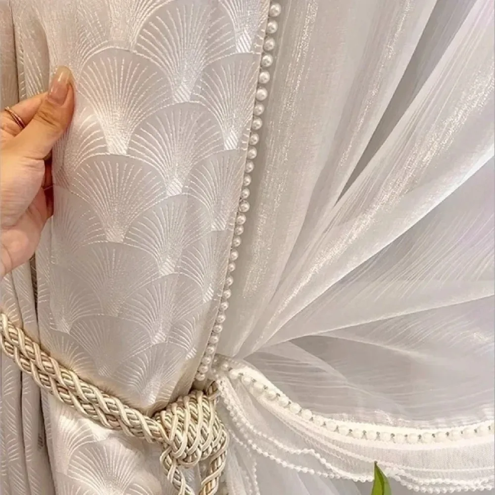 Custom Embossed Shell Grain Luster Pearl White Window Screen Curtains For Living Room Bedroom French Window Balcony Villa Window