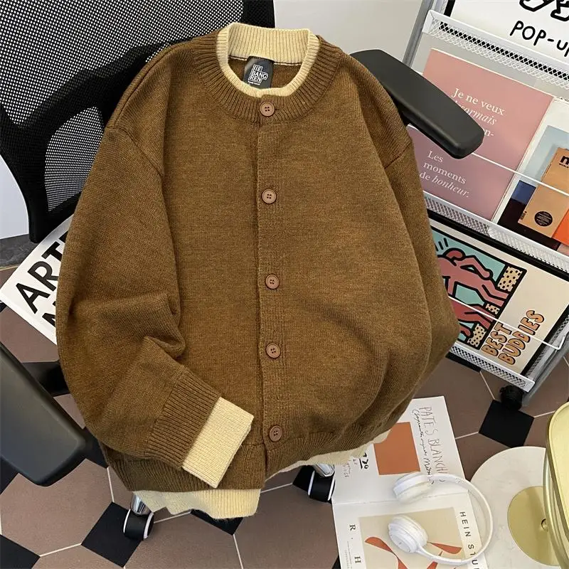 

American Sle Coffee Color Fake Two-Piece Knitwear Coat Men's And Women's Lazy Sle Loose Retro Button Cardigan Knitted Top