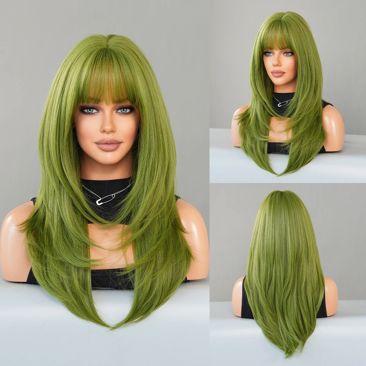 PARK YUN-Perruque verte longue droite pour femme, cheveux synthétiques naturels en couches avec frange de rideau, perruques de cosplay vanille