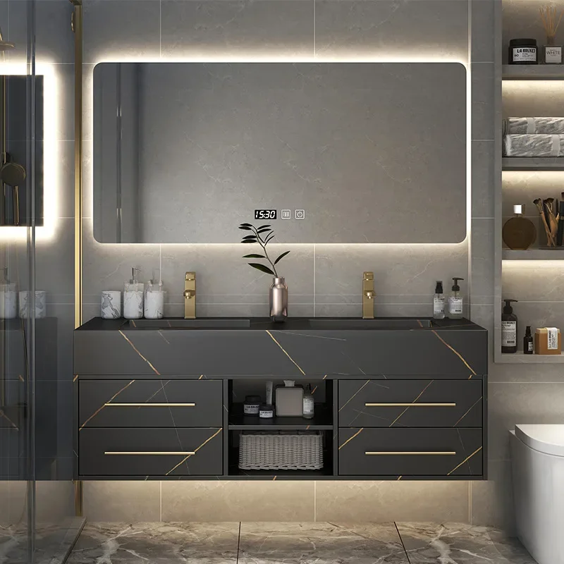 Rock slab bathroom cabinet light luxury wall-mounted smart mirror washbasin cabinet combination