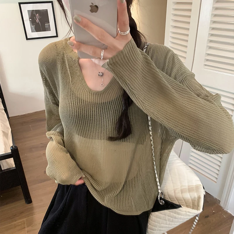 Women Hollow Out Loose Sweater Autumn V-Neck Knitted Pullovers See Through Oversize Tops Y2K Lazy Style Long Sleeve Tops