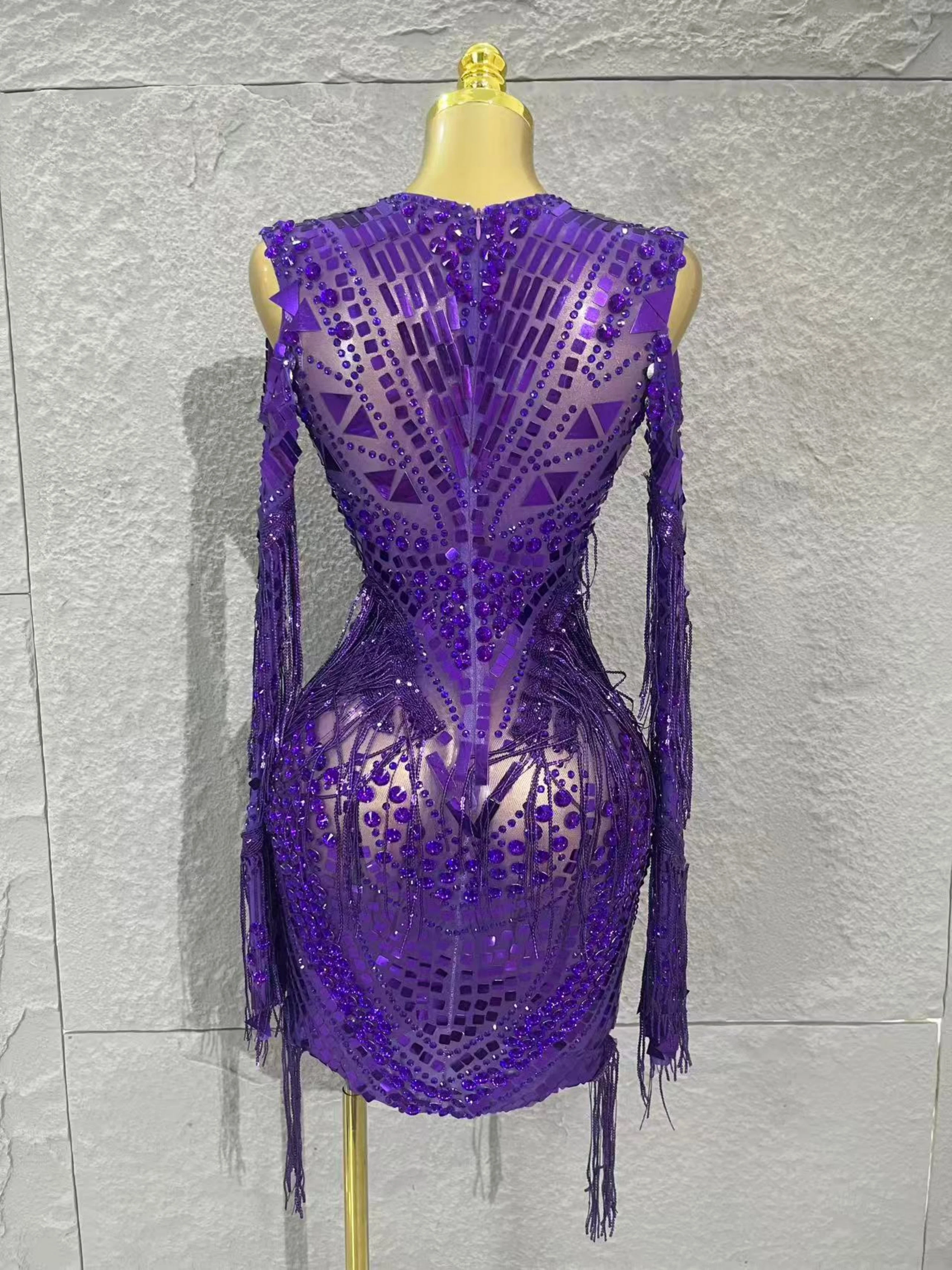 Weelderige sprankelende diamanten pailletten kwastjes lange mouwen pure mini-jurk avondfeest luxe verjaardag sexy mesh nachtclub