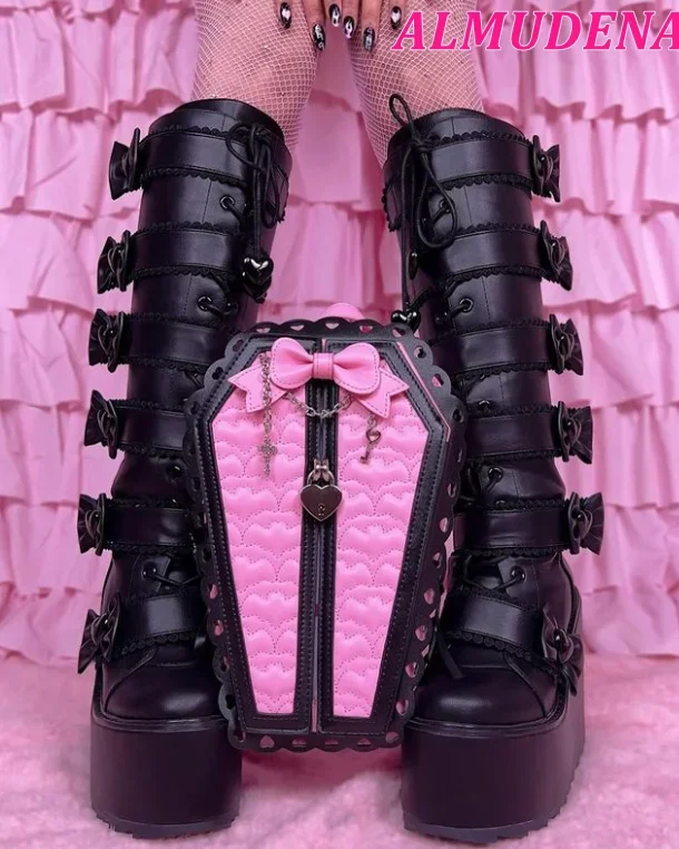 

Black Platform Bowknot Knee High Boots Round Toe High Heels Leather Long Boot Designer Lolita Cosplay Big Size Shoes for Women