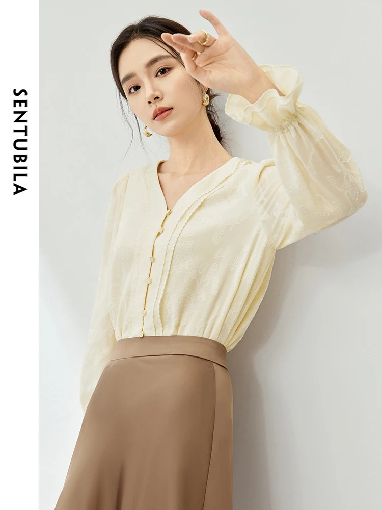 SENTUBILA Apricot Jacquard Chiffon Shirt 2024 Spring French Style V-neck Apricot Elegant Button Up Long Sleeve Blouse 141V53433