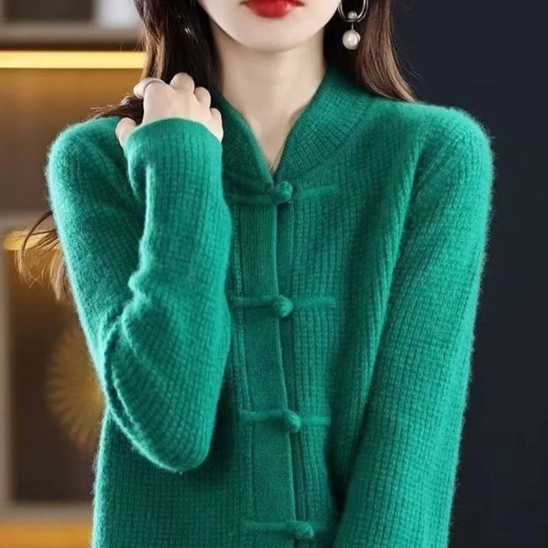 

Sweaters Womens Knit Coats 2024 Autumn Cotton Knitted Single Button Splicing Chinese Style Cardigan Jumper Jerseys Sweater Woman