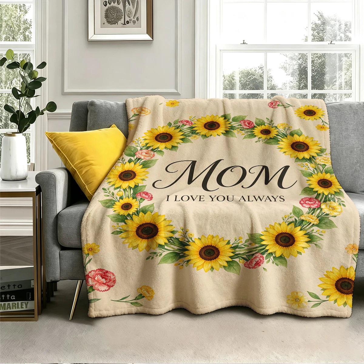 Mom Love Sunflower Cream Lightweight Flannel Blanket Breathable Cozy Throw Blanket for Spring Summer Sofa Bed Air Conditioning
