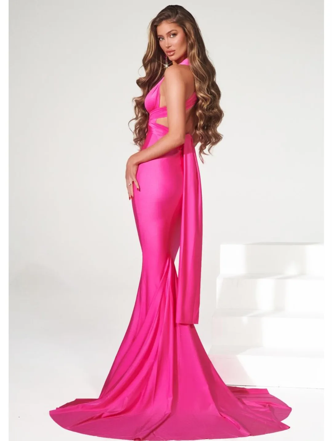 Sexy Long Fuchsia Satin Evening Dresses With Ribbon Mermaid V-Neck Criss Cross Back Sweep Train Prom Dresses for Women