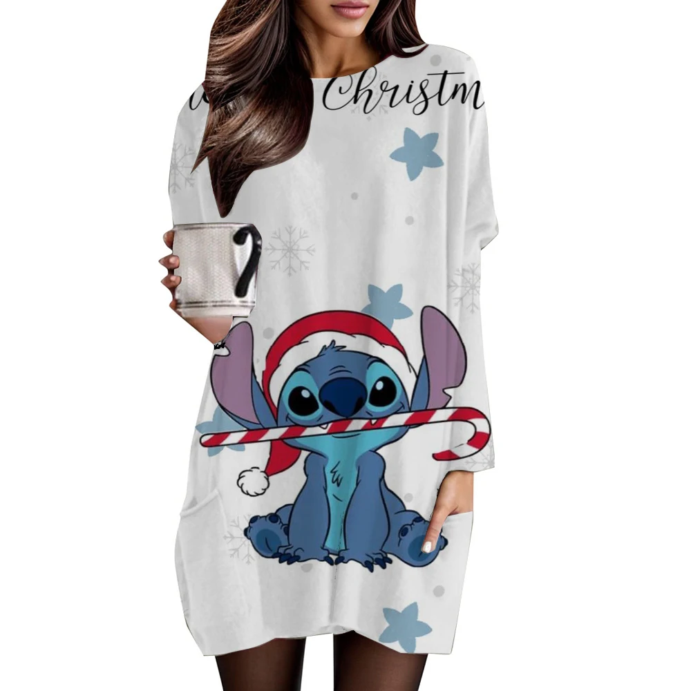 Weihnachten lässig Disney Stitch bedrucktes langärmeliges Rundhals-Taschen-T-Shirt Sportshirt Damen-T-Shirt Damen-Top