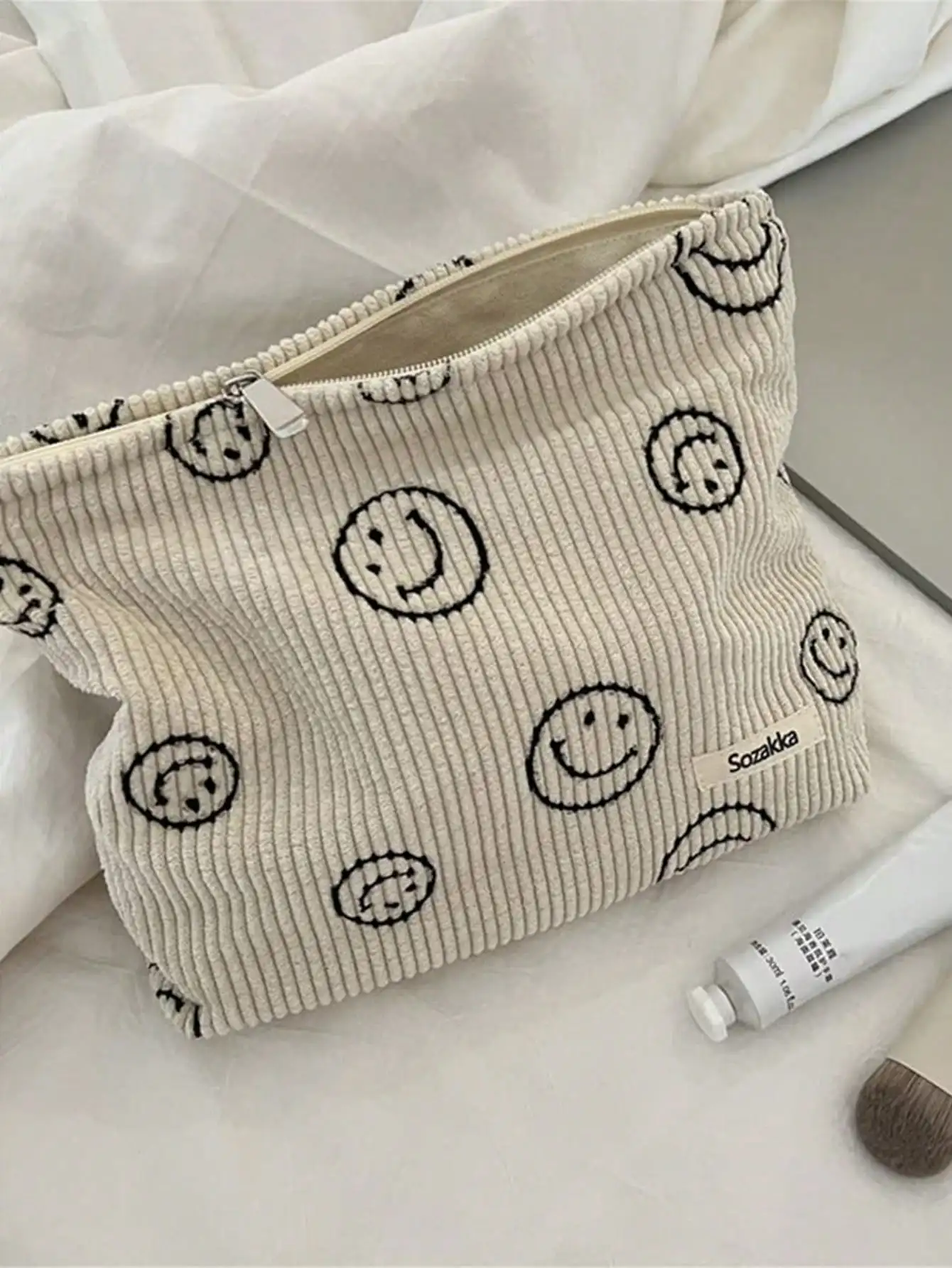 Cosmetic Bags for Women - Corduroy Cosmetic Bag Aesthetic Women Handbags Purses Smile Dots Makeup Or