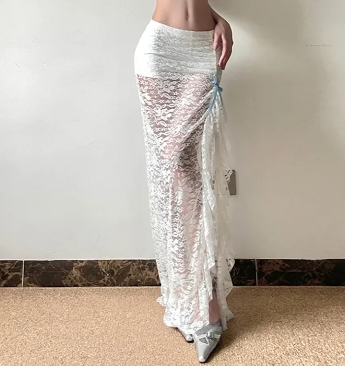 Mesh Lace Patchwork Split Skirt for Women In Summer, Sexy High Waist Slim Fit Semi Transparent Lace Pure Desire Style Skirt