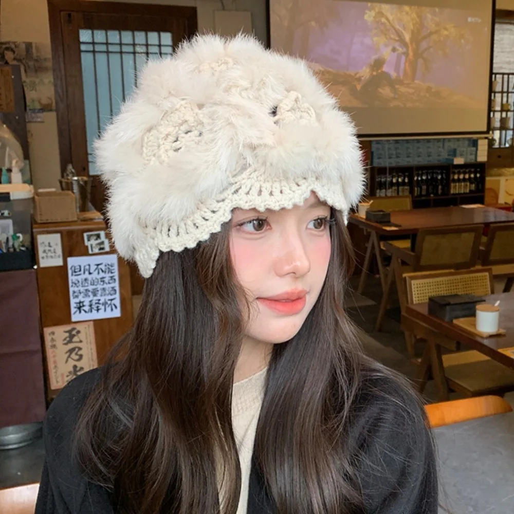 

Trendy Knitted Hand Crochet Cap Plush Warm Faux Fur Hat Outdoor Fluffy Hollowed Pullover Hat Women