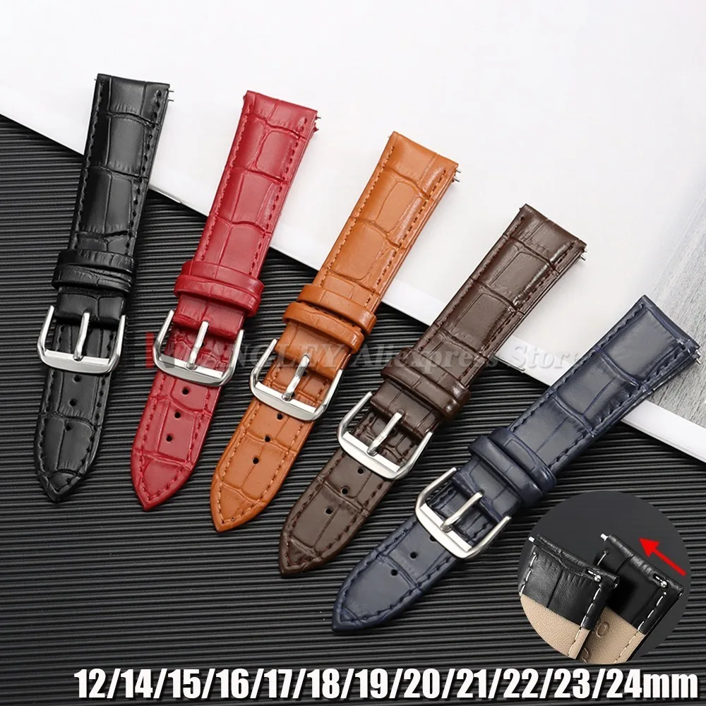 12/14/15/16/17/18/19/20/21/22/23/24mm Genuine Leather Watchband Crocodile Pattern Strap Quick Release Replace Universal Bracelet