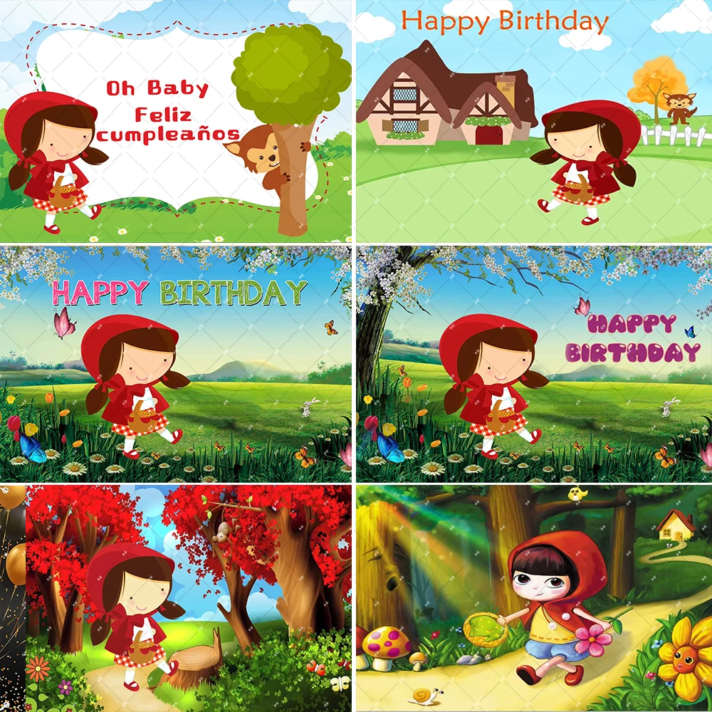 Customized Cartoon Little Red Riding Hood Backdrop Kid 1st Birthday Photography Background Jungle Fairy Tale Banner Photo Studio