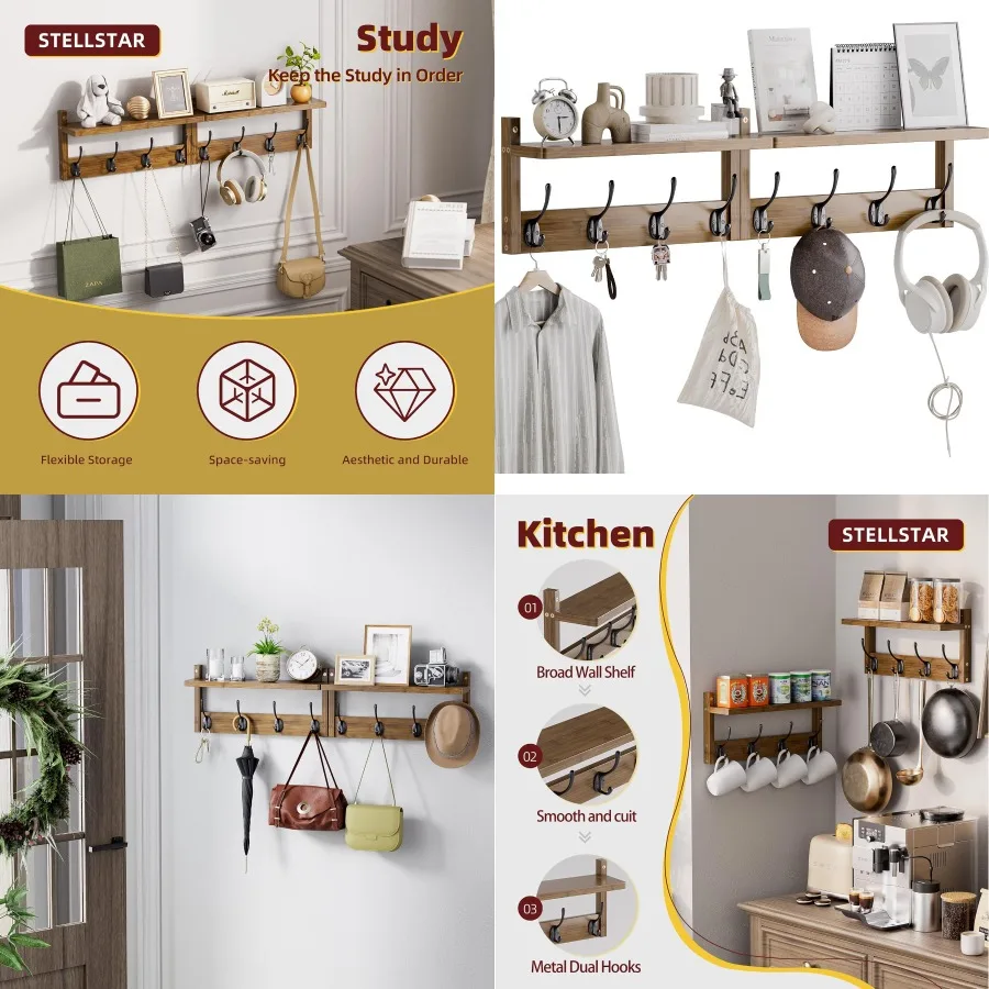 رف معطف مثبت على الحائط مع رف لتخزين المدخل، مجموعة من رفين معلقين من الخيزران مع خطافات لديكور المدخل، مثالية لـ Org #1