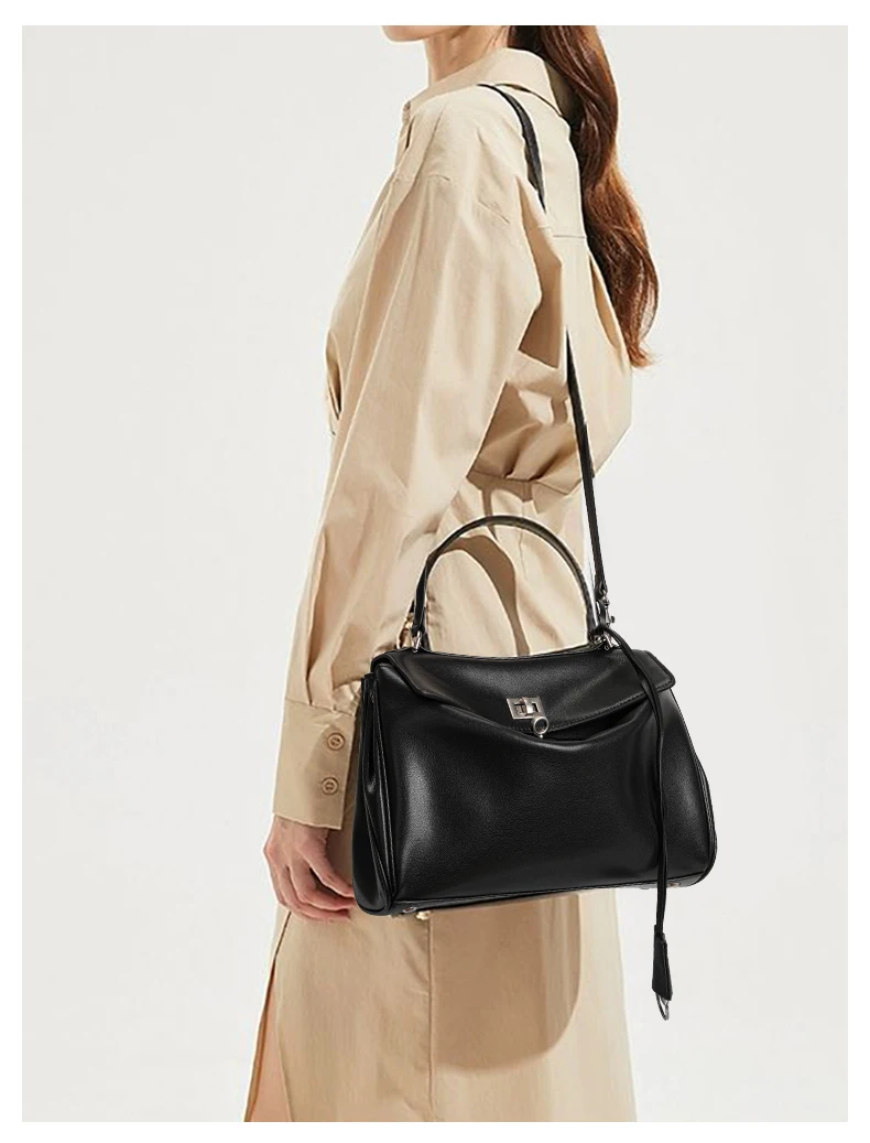 Echte Rindsleder-Handtasche für Damen, Einzel-Schulter-Umhängetasche mit Klappe und Knopf, Geräumige Hobo-Tasche – Detail 2