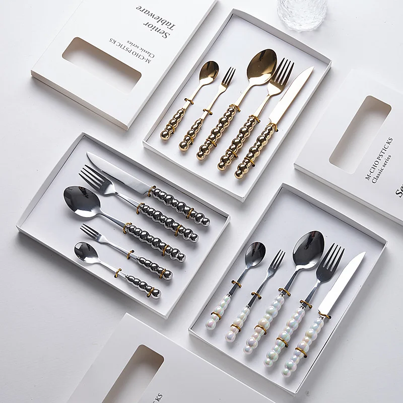 Retro Stainless Steel Tableware Three-piece Knife Fork Spoon Set Pearl Gift Fork Knife Creative Gold Silver Set Delivery Fashion