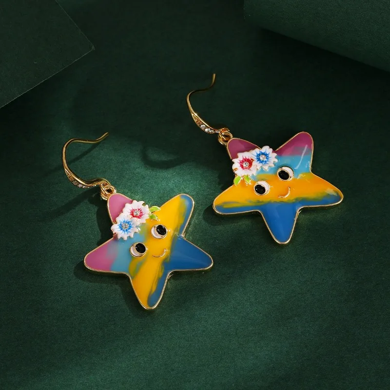 

Hand Painted Enamel Colorful Star Mini Flowers Cute Starfish Fishhook Earrings Sweet Cartoon Ear Hanging Marine Life Accessories
