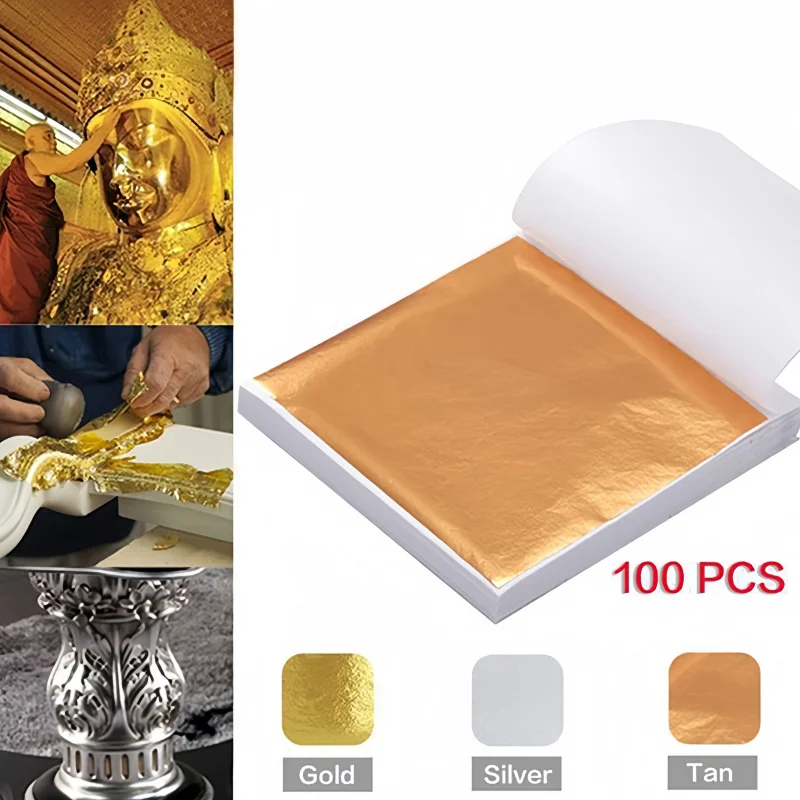 100 Pcs Sheets Pure 24K Gold Foil Leaf Anti-Aging Gilding For Food Decorations Handmade DIY Scrapbooking Craft Decoration