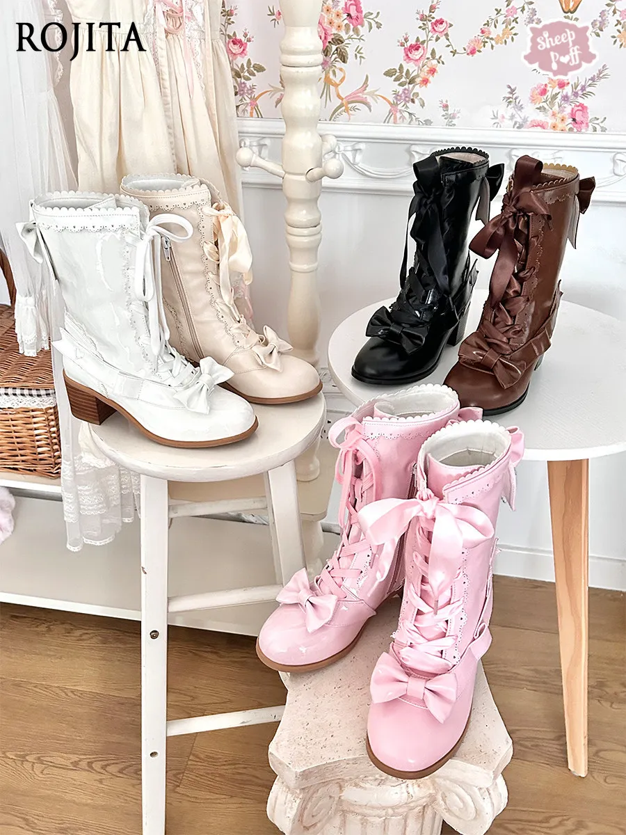 

Женские сапоги в стиле Лолита, милые ретро-ботинки средней длины, весна 2026, новые, розовые, на шнуровке, из искусственной кожи, с бантом, на среднем каблуке