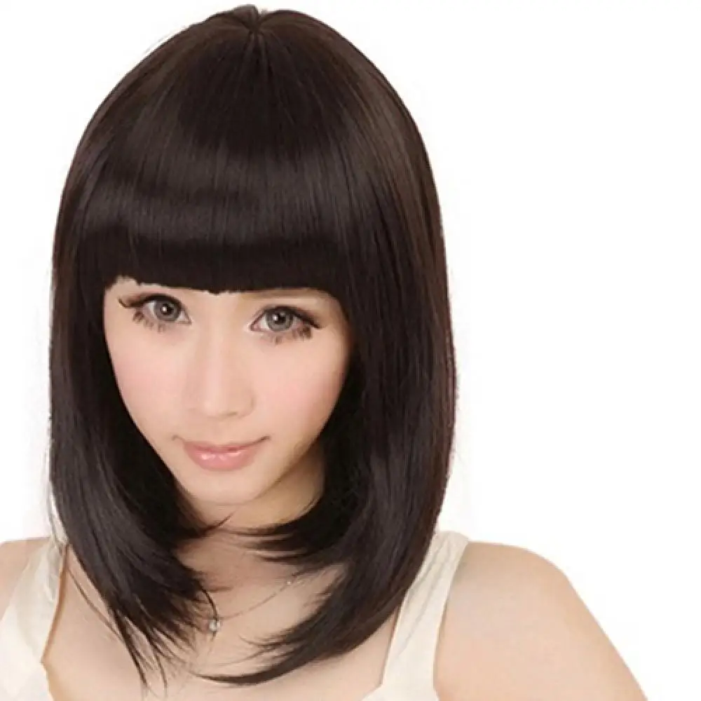 30cm Women Full Bangs Short Straight BOBO Synthetic Hair Cosplay Party Full Wig Fringe Kinky Straight Glueless Machine Made Hair