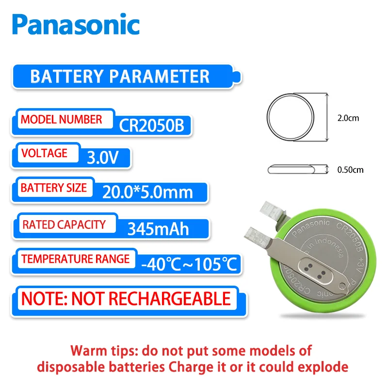 Panasonic CR2050B Bbutton batería 3V con pies, resistente a altas temperaturas, Monitor de presión de neumáticos de coche, placa base