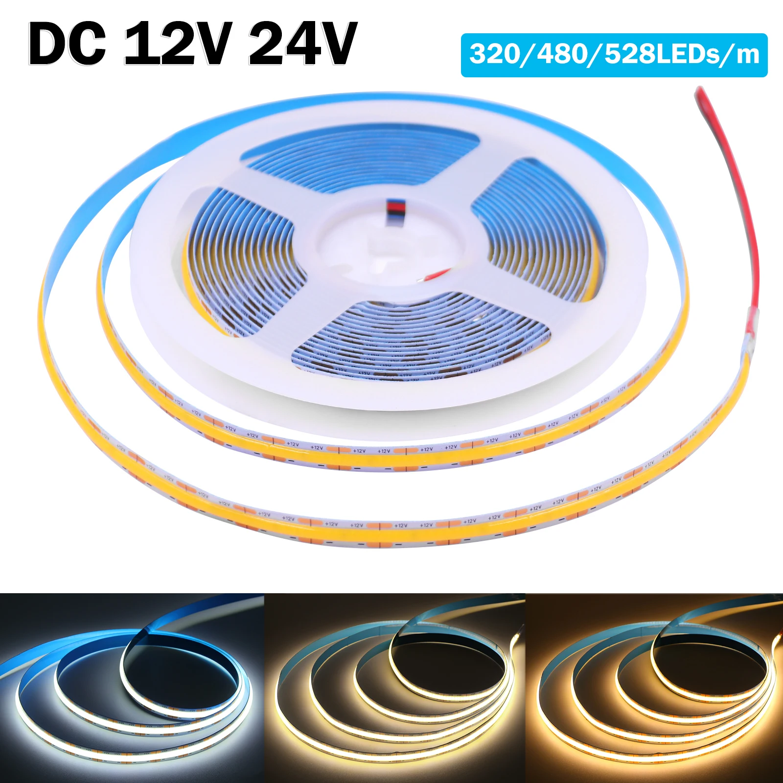 DC 12V 24V COB LED Strip 320 480 528LEDs/m High Density RA90 Flexible Tape 8MM PCB Width Not Waterproof Soft Light Bar 0.5m-10m
