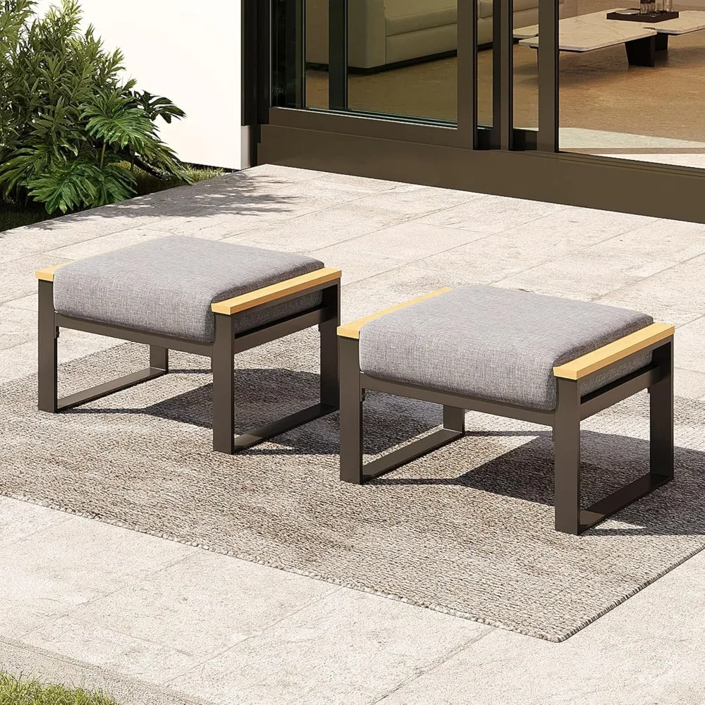 

2 Pieces Aluminum Patio Ottoman, Outdoor Footstool with Sandwich Foam Cushions, Olefin Fabric, Small Metal Outdo