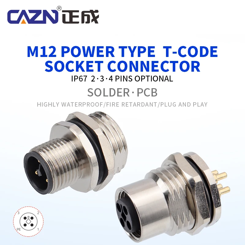 M12 T-Coded Solder Socket Male Female 2 3 4 Pin Front Rear Mount Electrical Connector IP67 for AC Power & Industrial Automation