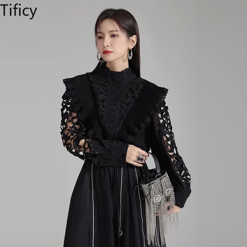 TIFICY 2024  New Court Style French Embroidered Cut-out Shirt  Women in Early Spring Long Sleeve Hellow Out Shirts Tops