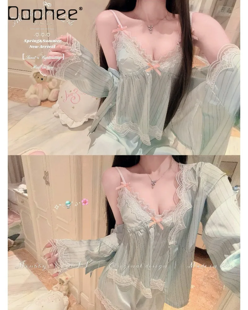 Korean Sweet Sexy Girl Fresh Vertical Striped Lace Pajama Set Bow V-neck Suspender Shorts Loose Lace Sleeve Robe Four-piece Set