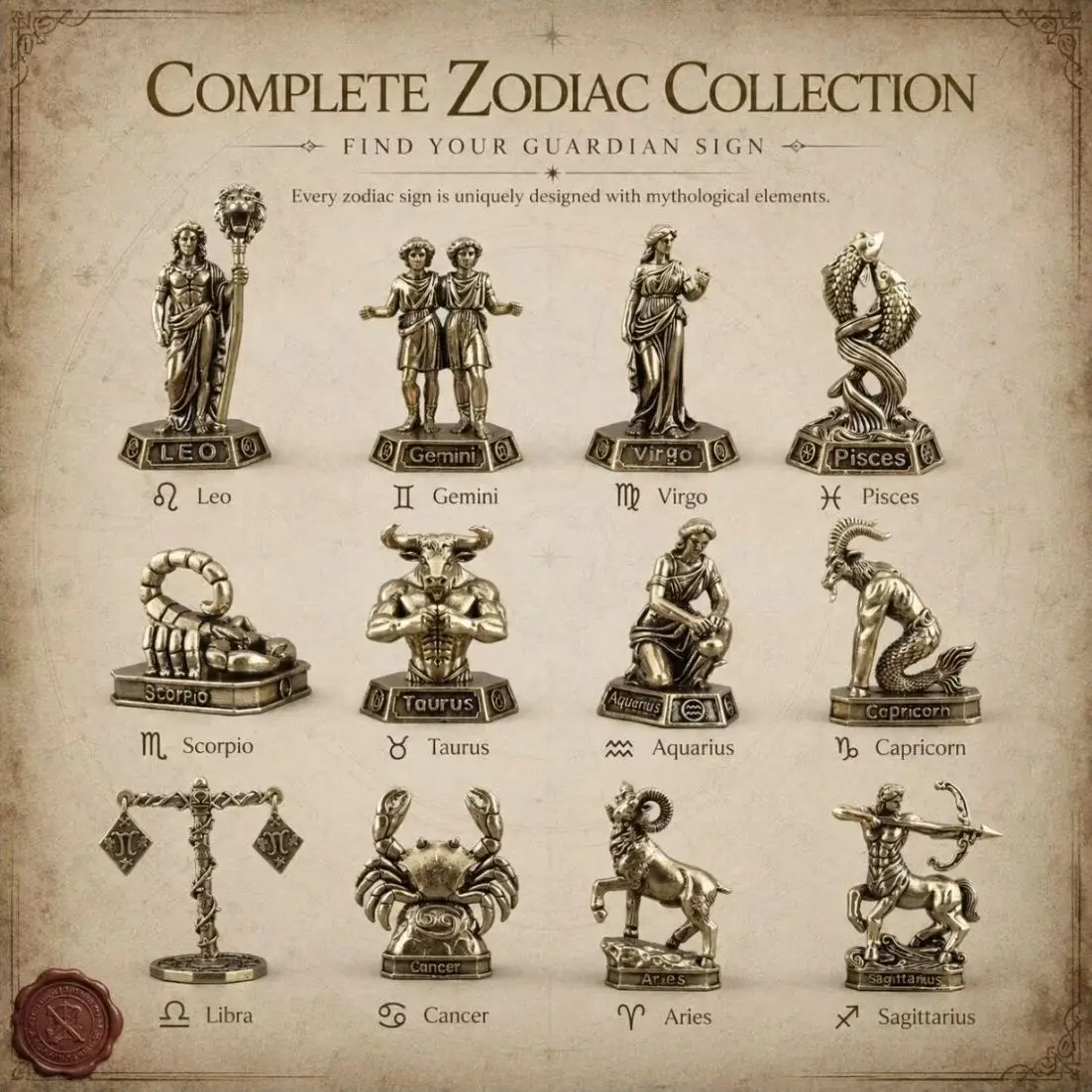 Vintage Brass 3‑D Constellation Mini Figurines Constellation‑themed Human‑shaped Sculpture Desktop Decorative Figure Model