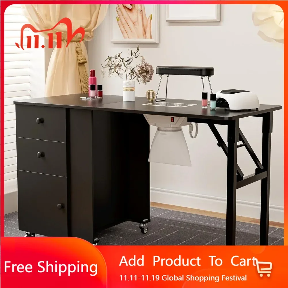 Foldable nail table with electric ventilation vent, lockable wheels, foldable nail armrest, storage drawer, wooden handle