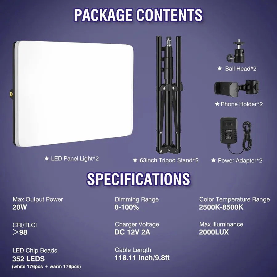 LED Video Light Kit with 63 Tripod Stand, 2500K8500K Dimmable Studio Light Photography Panel Lighting for Video Recording Game L