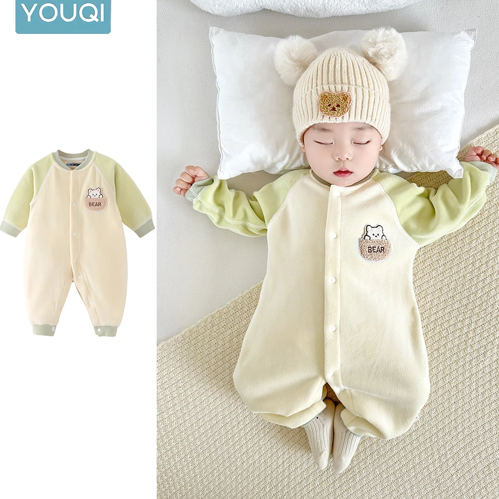 

Baby Boys and Girls 0-1 Years Old Autumn Style Teddy Bear Embroidered Patchwork Jumpsuit Baby Thick and Warm Cartoon Jumpsuit