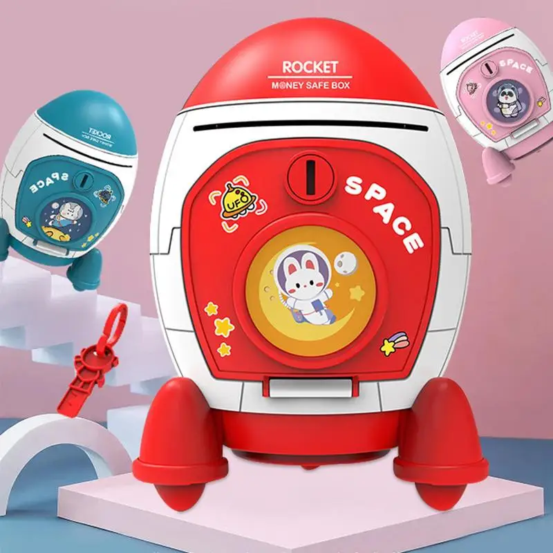 Rocket Money Bank Pretend Money Boxes Coin Space Bank Jar Rocket Spaceman Piggy Bank Cartoon Sticker.Manual Piggy Coin For Kids