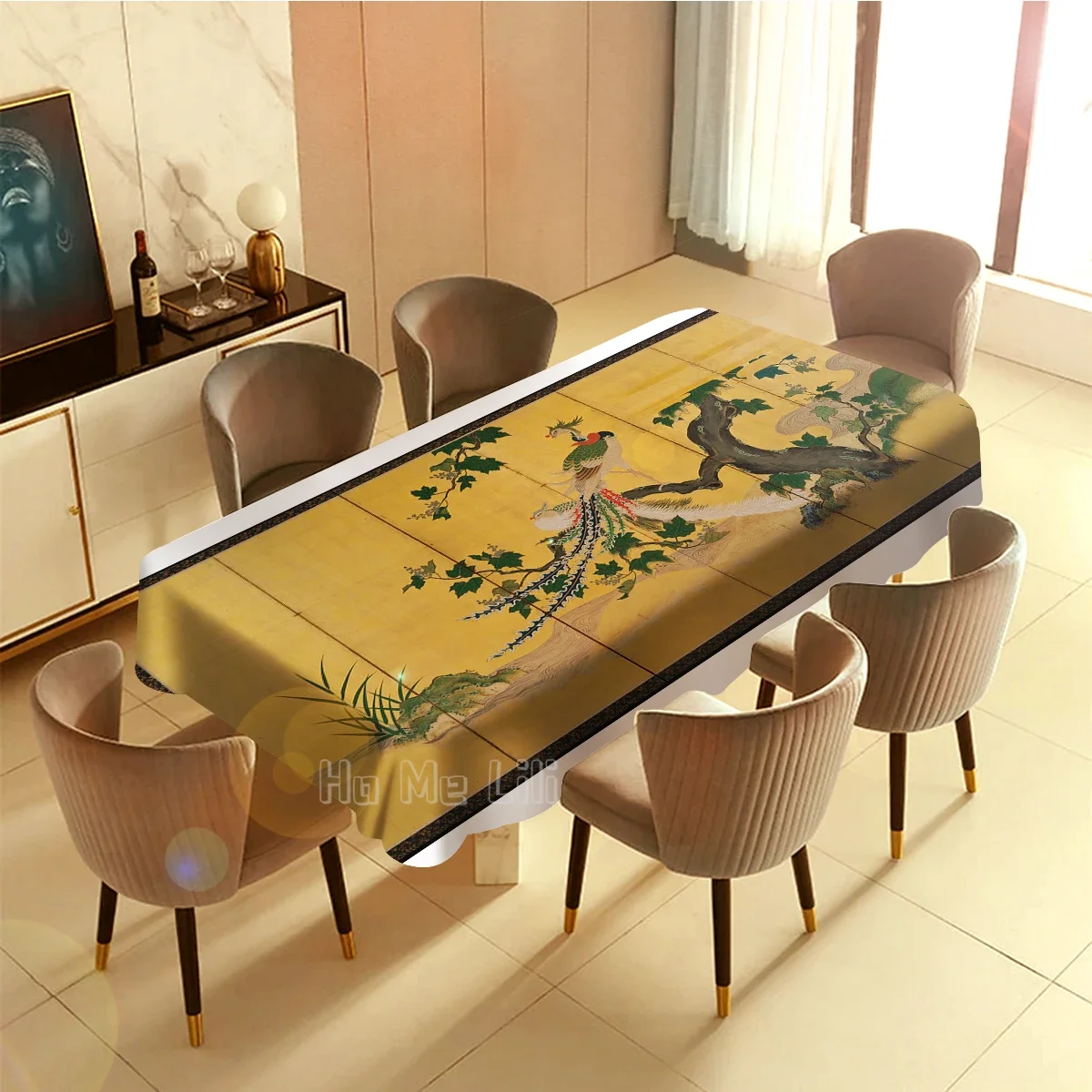 Japanese Tea Ceremony Gold Leaf Art Painting Tablecloth Polyester Indoor And Outdoor Decoration