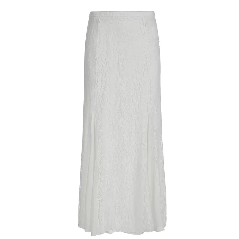 Splicing Lace Midi Skirt For Women European America Retro Style 24 Large Swing Long Fish Tail Skirt Trend A-line Short Skirt New