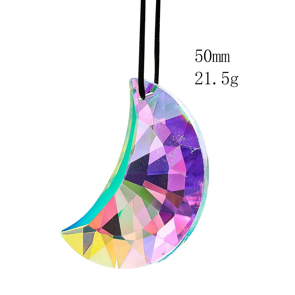 50mm Rainbow Moon Crystal Suncatcher Hanging Feng Shui Crescent Glass Prism Sunlight Collection Chandelier Parts Pendant Decor