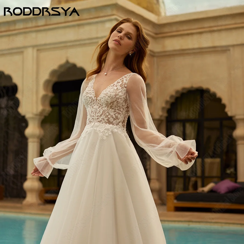 RODDRSYA Princess Wedding Dresses V-Neck Applique Lace Bride Gowns Civil A-Line Puff Sleeves Tulle Backless Vestido De Novia