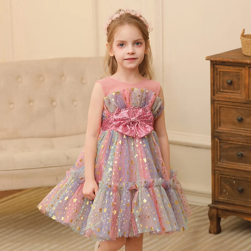 

Summer Sleeveless Short Mesh Puffy Skirt Flower Girl Rainbow Dresses For Wedding Party Princess Dress For Girls