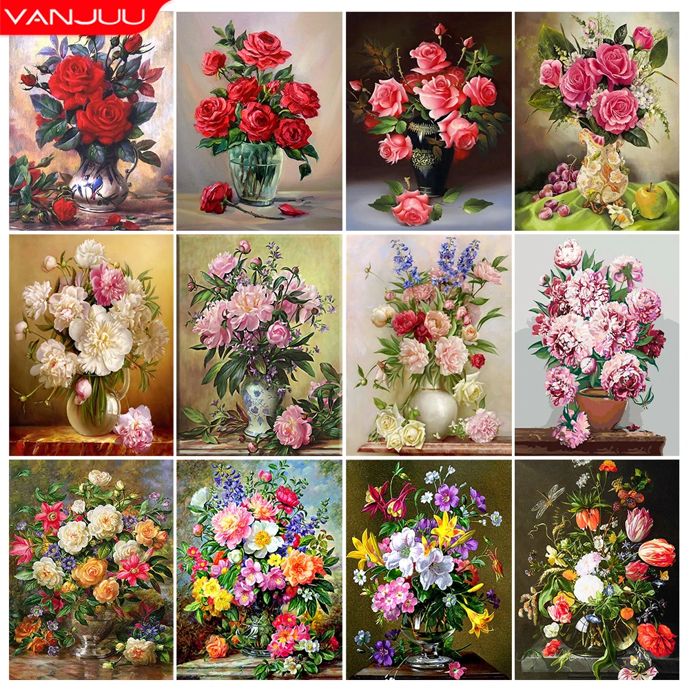 5D DIY Diamond Painting Kit Flower Vase Cross Stitch Diamond Art Mosaic Diamond Embroidery Rose Full Diamond Home Decor Gift