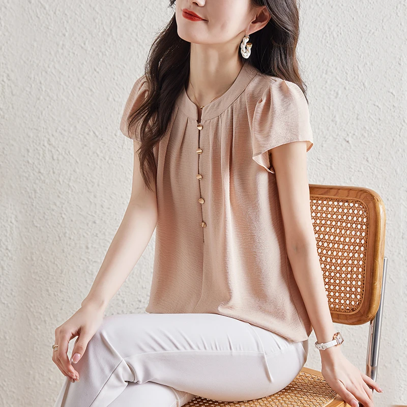 Damen Vintage Mode gekräuselte schlanke Bluse 2024 Sommer Büro Dame elegante Pendel hemden solide o Hals Kurzarm Tops Blusas