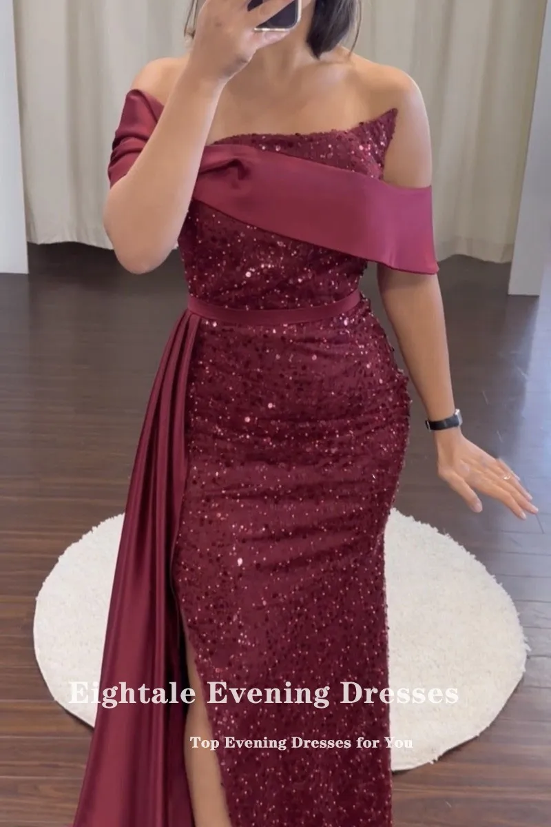 Eightale Luxury Evening Dresses Arabic off Shoulder Satin Burgundy Custom Made Color and Size Mermaid Prom Wedding Party Gown